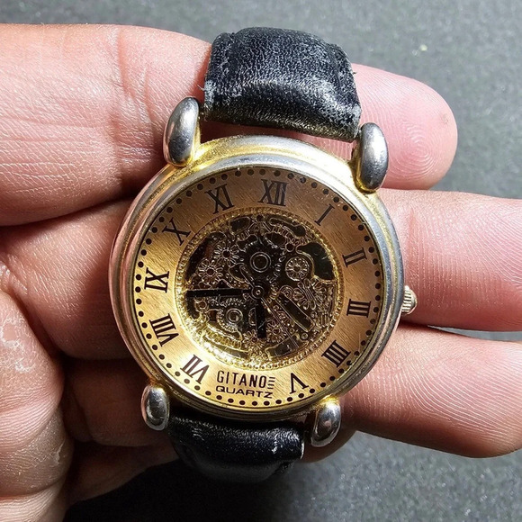 Gitano Quartz Ladies Fashion Watch Gold Tone Black Strap Working Roman Dial - Picture 3 of 9